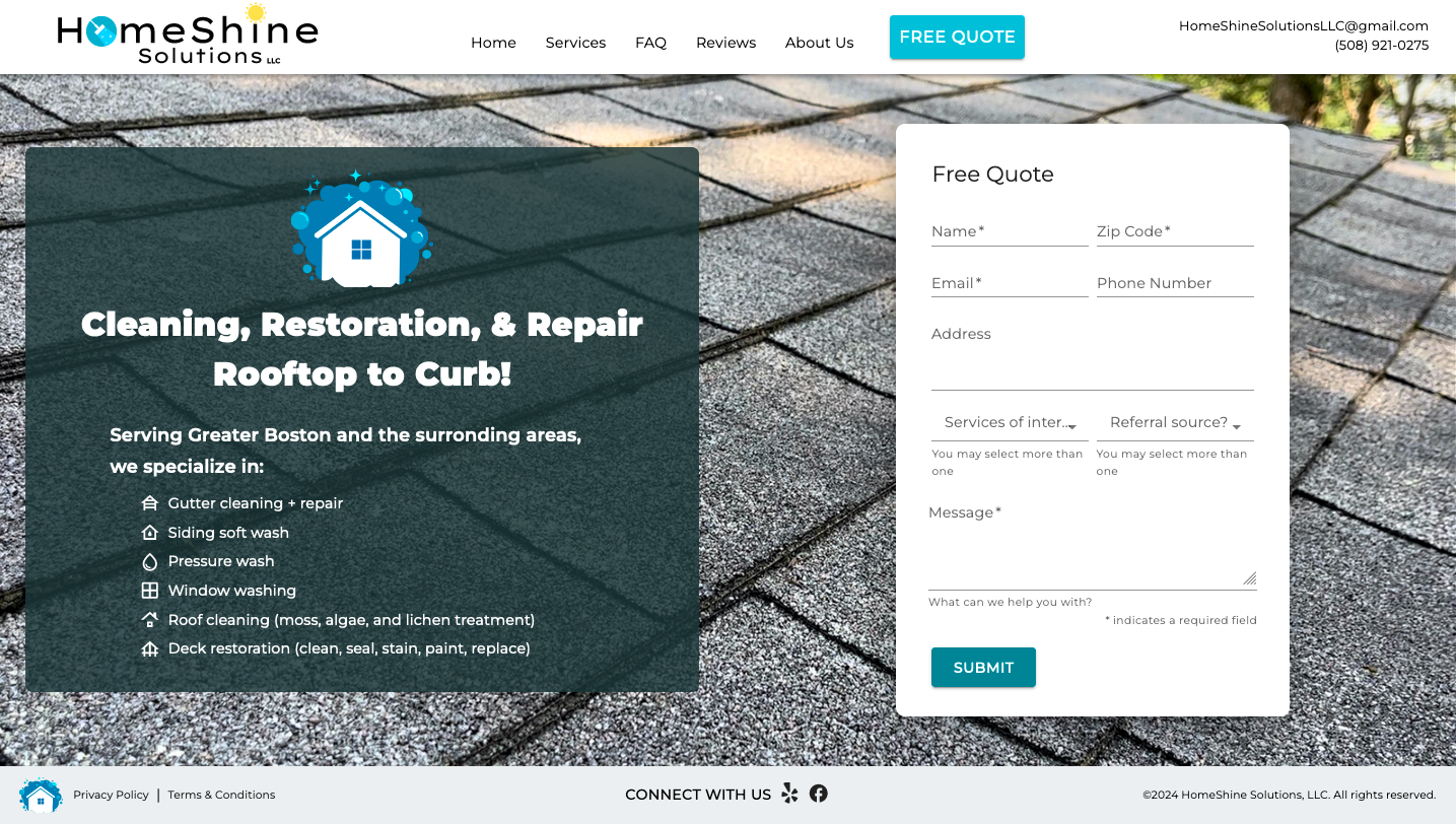 Homepage of the HomeShine Solutions website. White navbar above background image of roof tiles, business description in gray box on left, white contact form on right, gray footer below.